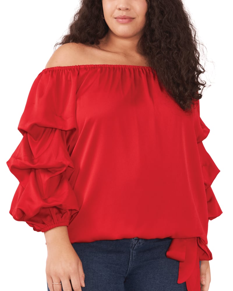 Front of a model wearing a size 1X Mila Off The Shoulder Blouse in RED HOT by Vince Camuto. | dia_product_style_image_id:261391